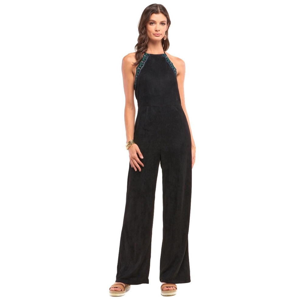 NWT Black Suede Eyelet Embroidered Trim Self-Tie Halter Neck Open Back Jumps…